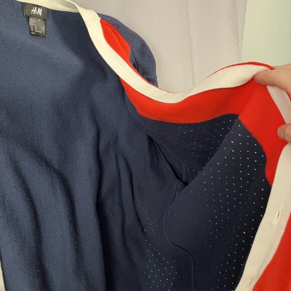 H&M Cardigan Sweater Mens XL Blue Red White Button Up Lightweight Organic Cotton - Picture 12 of 14